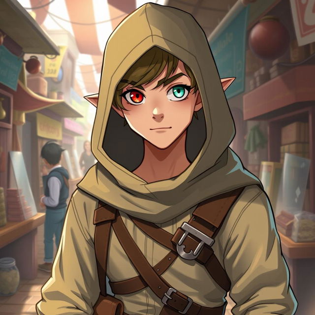 A teenage half-elf male merchant guild leader dressed in casual yet stylish rogue attire, showcasing heterochromia with one vibrant red eye and the other a soft mint green eye