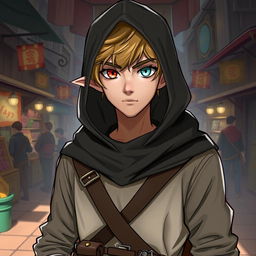 A teenage half-elf male merchant guild leader dressed in casual yet stylish rogue attire, showcasing heterochromia with one vibrant red eye and the other a soft mint green eye