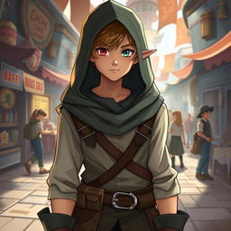 A teenage half-elf male merchant guild leader dressed in casual yet stylish rogue attire, showcasing heterochromia with one vibrant red eye and the other a soft mint green eye