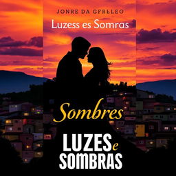 A captivating book cover for a novel titled 'Luzes e Sombras', which explores themes of romance set against the backdrop of a vibrant favela