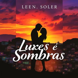 A captivating book cover for a novel titled 'Luzes e Sombras', which explores themes of romance set against the backdrop of a vibrant favela