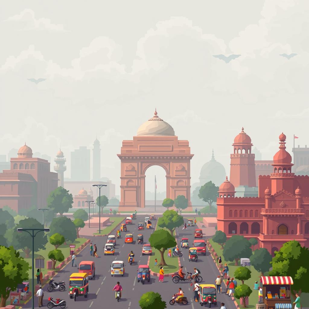 A pixel art representation of New Delhi, India, illustrating the city's iconic landmarks amidst visible air pollution