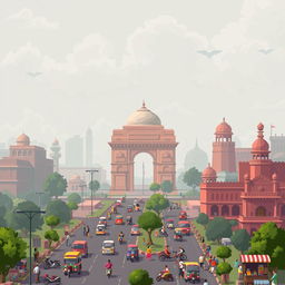 A pixel art representation of New Delhi, India, illustrating the city's iconic landmarks amidst visible air pollution