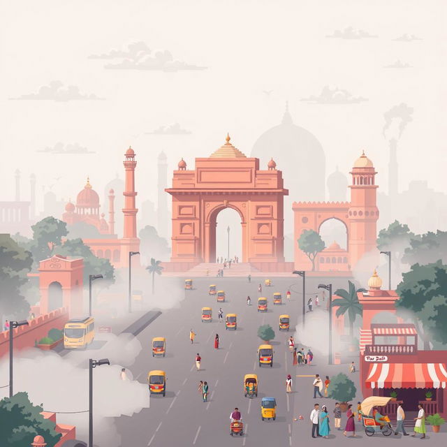 A pixel art representation of New Delhi, India, illustrating the city's iconic landmarks amidst visible air pollution