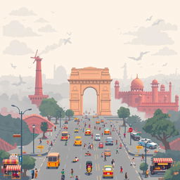 A pixel art representation of New Delhi, India, illustrating the city's iconic landmarks amidst visible air pollution