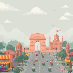 A pixel art representation of New Delhi, India, illustrating the city's iconic landmarks amidst visible air pollution