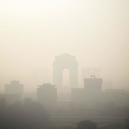 A serene landscape of New Delhi, India, showcasing the cityscape surrounded by a hazy, polluted atmosphere