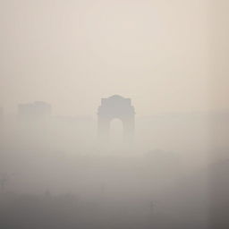 A serene landscape of New Delhi, India, showcasing the cityscape surrounded by a hazy, polluted atmosphere