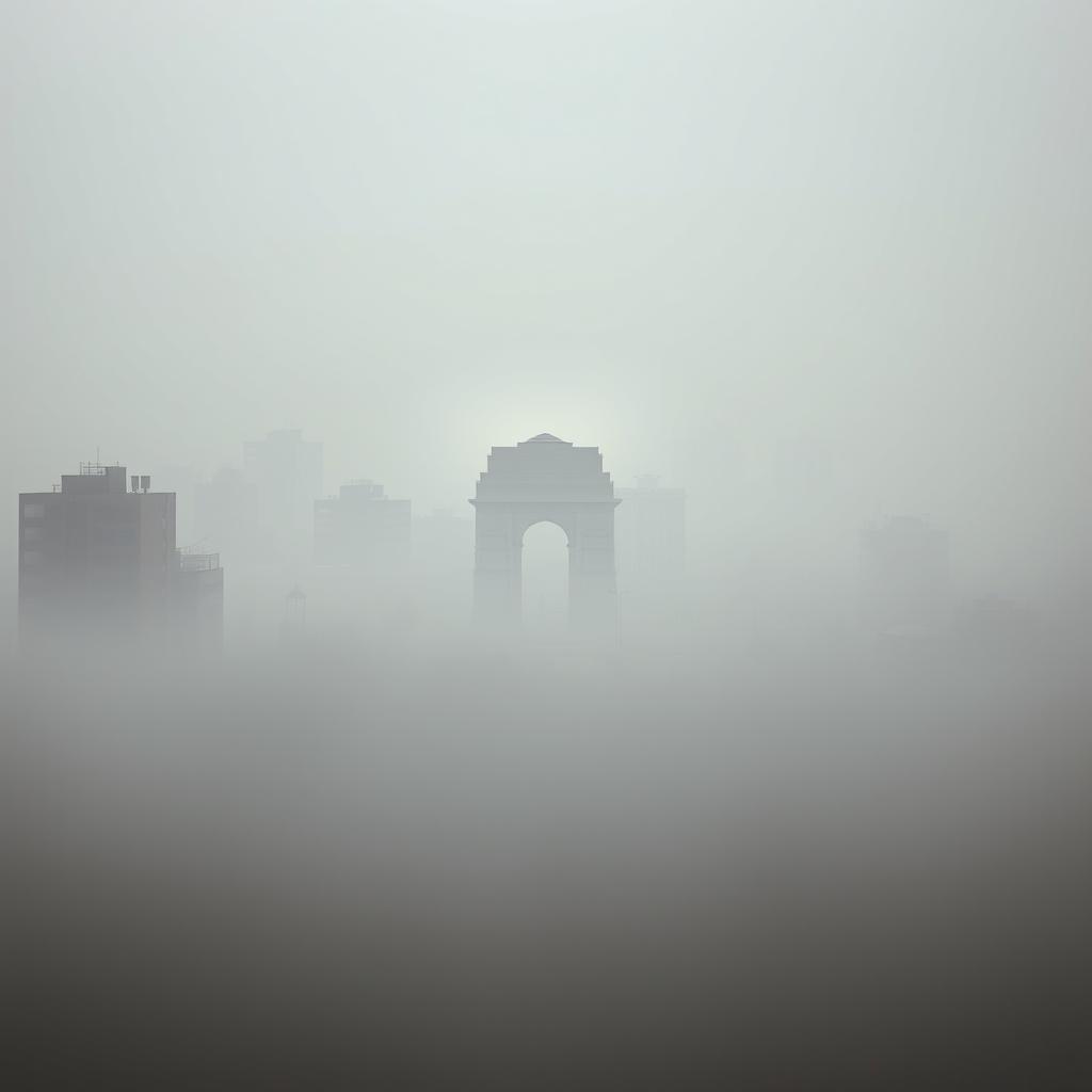 A serene landscape of New Delhi, India, showcasing the cityscape surrounded by a hazy, polluted atmosphere