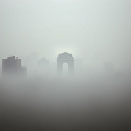 A serene landscape of New Delhi, India, showcasing the cityscape surrounded by a hazy, polluted atmosphere