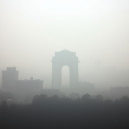 A serene landscape of New Delhi, India, showcasing the cityscape surrounded by a hazy, polluted atmosphere