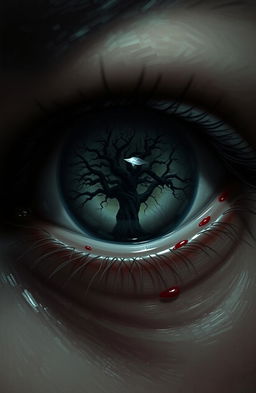 A dark realism style image of an intense and detailed human eye, featuring a shiny and slightly moist texture