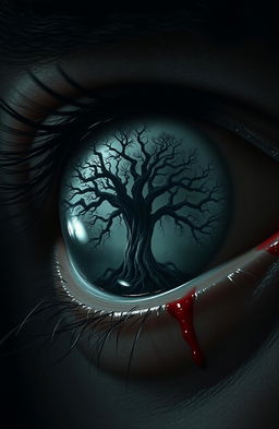 A dark realism style image of an intense and detailed human eye, featuring a shiny and slightly moist texture