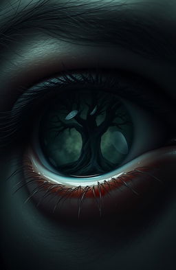 A dark realism style image of an intense and detailed human eye, featuring a shiny and slightly moist texture