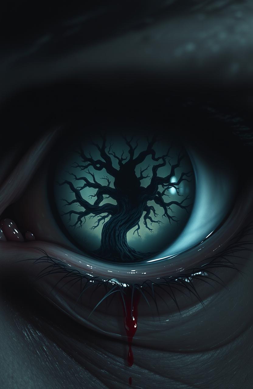 A dark realism style image of an intense and detailed human eye, featuring a shiny and slightly moist texture