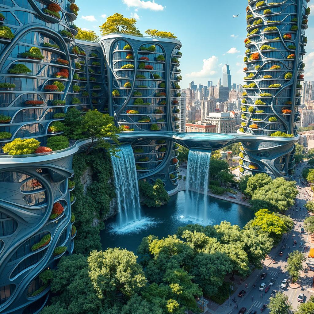 Futuristic bionic design of high-rise buildings characterized by flowing line patterns on their facades, adorned with vibrant trees on balconies