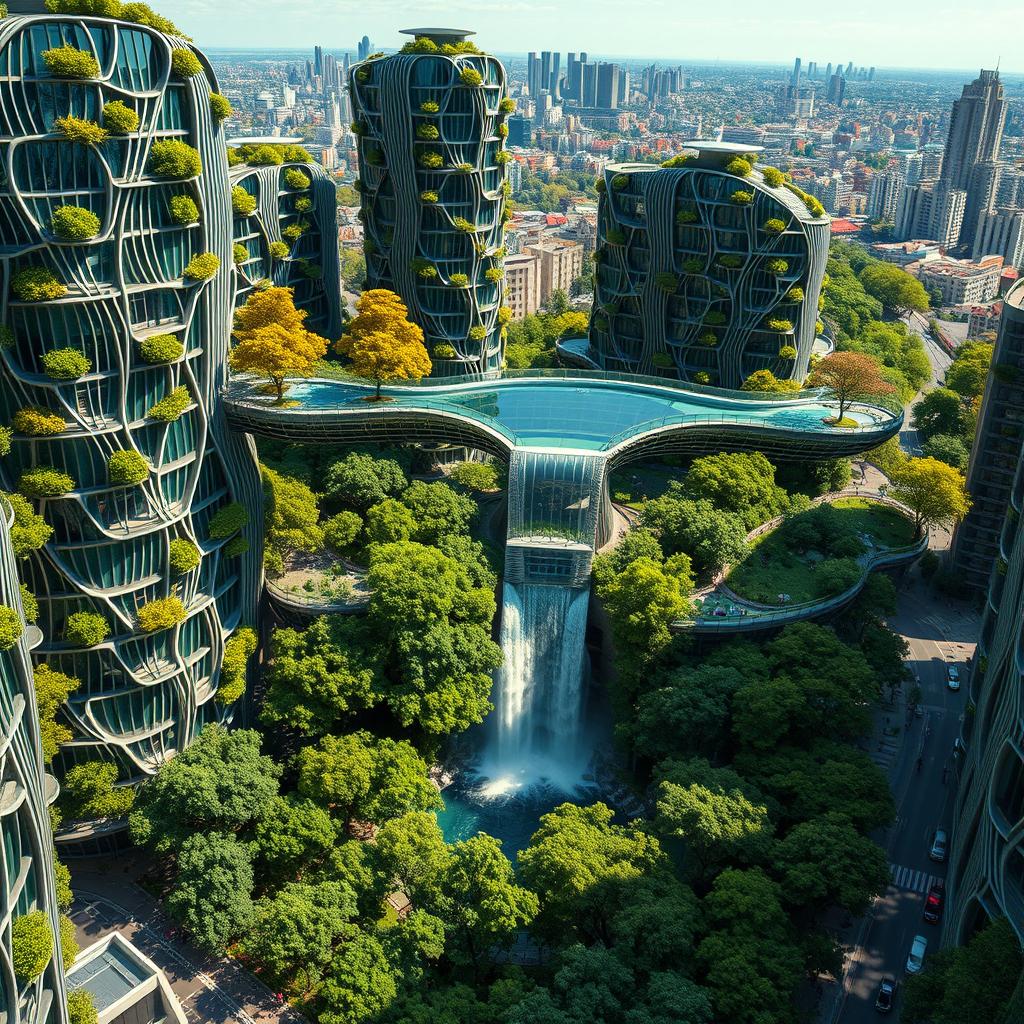 Futuristic bionic design of high-rise buildings characterized by flowing line patterns on their facades, adorned with vibrant trees on balconies