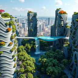 Futuristic bionic design of high-rise buildings characterized by flowing line patterns on their facades, adorned with vibrant trees on balconies