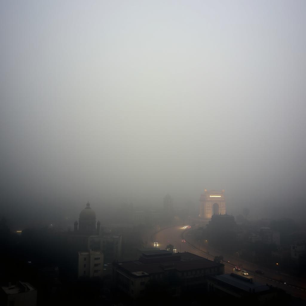 A panoramic view of New Delhi, India, enveloped in thick air pollution