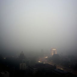 A panoramic view of New Delhi, India, enveloped in thick air pollution