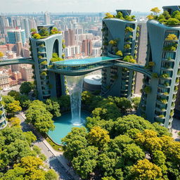 Futuristic bionic design of high-rise buildings characterized by flowing line patterns on their facades, adorned with vibrant trees on balconies