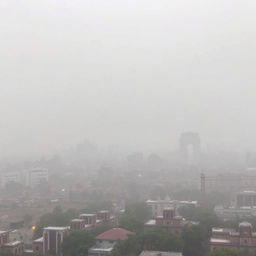 A panoramic view of New Delhi, India, enveloped in thick air pollution