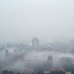 A panoramic view of New Delhi, India, enveloped in thick air pollution