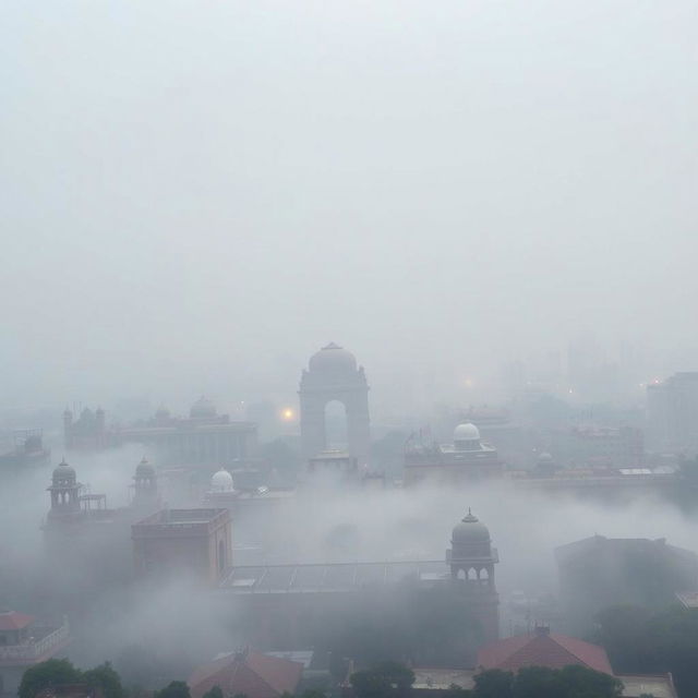 A panoramic view of New Delhi, India, enveloped in thick air pollution