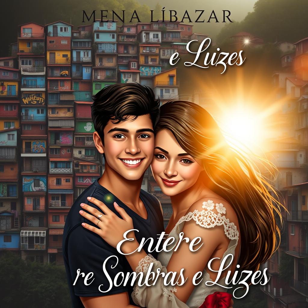 A book cover for a novel titled "Entre Sombras e Luzes" featuring a romantic theme set in a favela