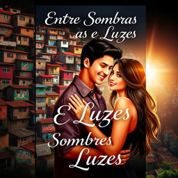 A book cover for a novel titled "Entre Sombras e Luzes" featuring a romantic theme set in a favela