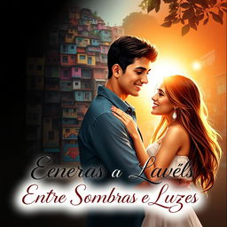 A book cover for a novel titled "Entre Sombras e Luzes" featuring a romantic theme set in a favela