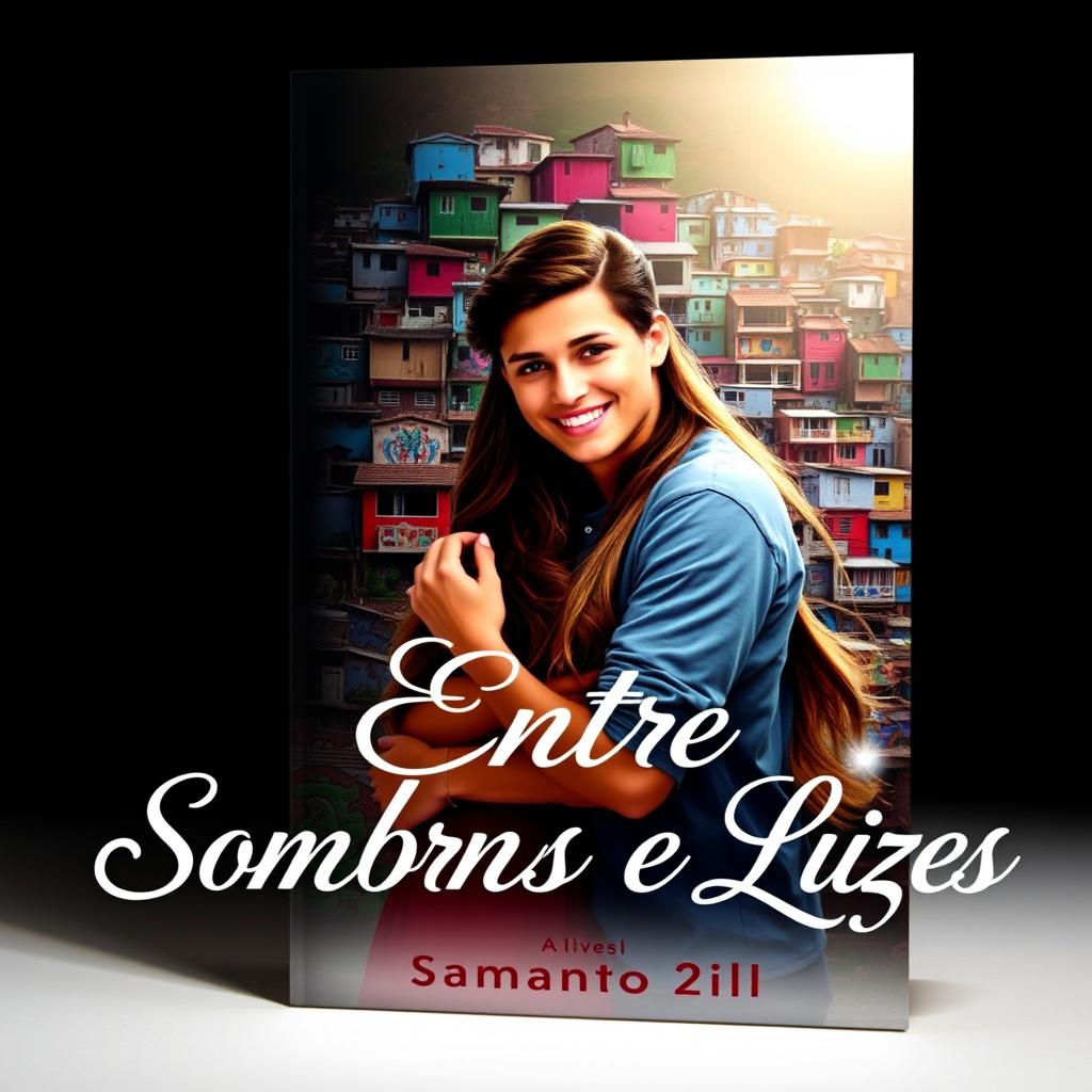 A book cover for a novel titled "Entre Sombras e Luzes" featuring a romantic theme set in a favela