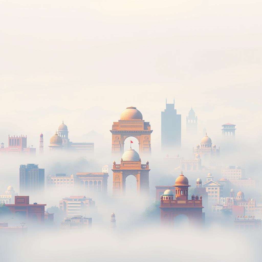 A pixel art representation of New Delhi, India, depicting the city immersed in thick air pollution