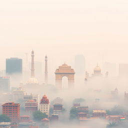 A pixel art representation of New Delhi, India, depicting the city immersed in thick air pollution