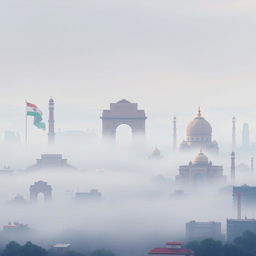 A pixel art representation of New Delhi, India, depicting the city immersed in thick air pollution