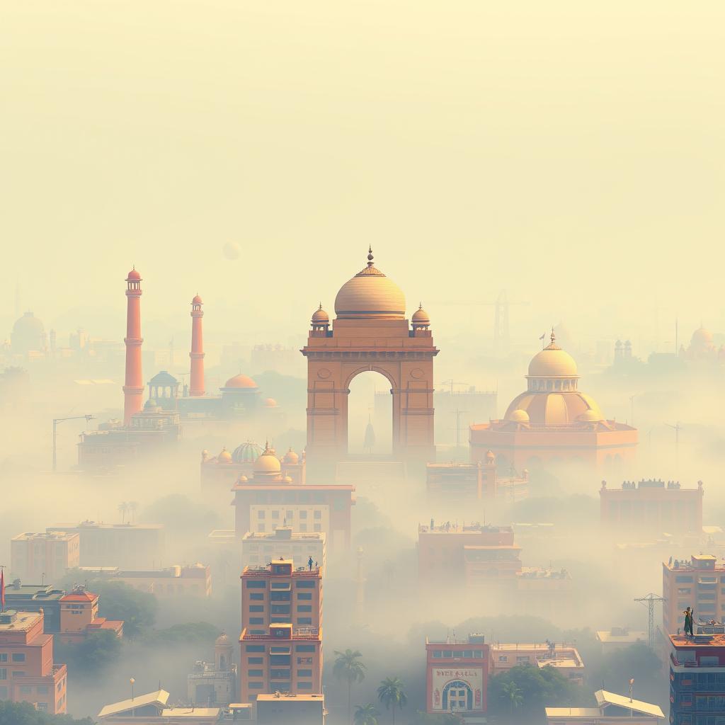 A pixel art representation of New Delhi, India, depicting the city immersed in thick air pollution