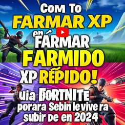 An engaging YouTube thumbnail for the video titled 'Cómo FARMAR XP RÁPIDO en Fortnite! 🚀 Guía Definitiva para Subir de Nivel en 2024'