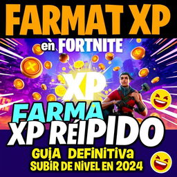 A captivating YouTube video thumbnail for the guide titled 'Cómo FARMAR XP RÁPIDO en Fortnite: Guía Definitiva para Subir de Nivel en 2024'