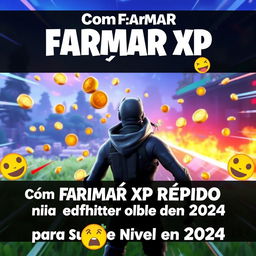 A captivating YouTube video thumbnail for the guide titled 'Cómo FARMAR XP RÁPIDO en Fortnite: Guía Definitiva para Subir de Nivel en 2024'