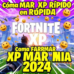 A captivating YouTube video thumbnail for the guide titled 'Cómo FARMAR XP RÁPIDO en Fortnite: Guía Definitiva para Subir de Nivel en 2024'