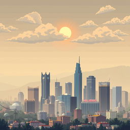 A pixel art depiction of Los Angeles, California, showing the city under a blanket of air pollution