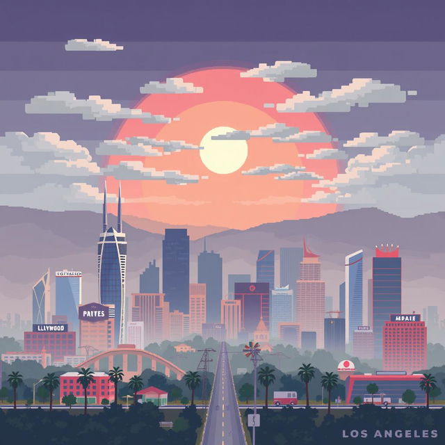 A pixel art depiction of Los Angeles, California, showing the city under a blanket of air pollution