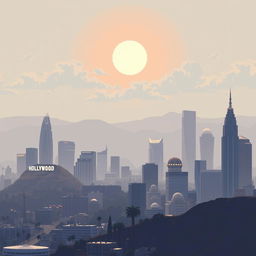 A pixel art depiction of Los Angeles, California, showing the city under a blanket of air pollution