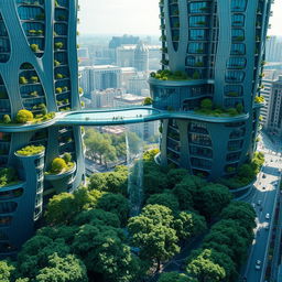 Futuristic bionic design of high-rise buildings showcasing facades adorned with elegant flowing lines, complemented by balconies filled with lush trees