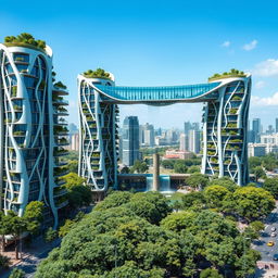 Futuristic bionic design of high-rise buildings showcasing facades adorned with elegant flowing lines, complemented by balconies filled with lush trees