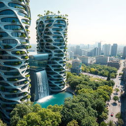 Futuristic bionic design of high-rise buildings showcasing facades adorned with elegant flowing lines, complemented by balconies filled with lush trees