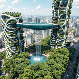 Futuristic bionic design of high-rise buildings showcasing facades adorned with elegant flowing lines, complemented by balconies filled with lush trees