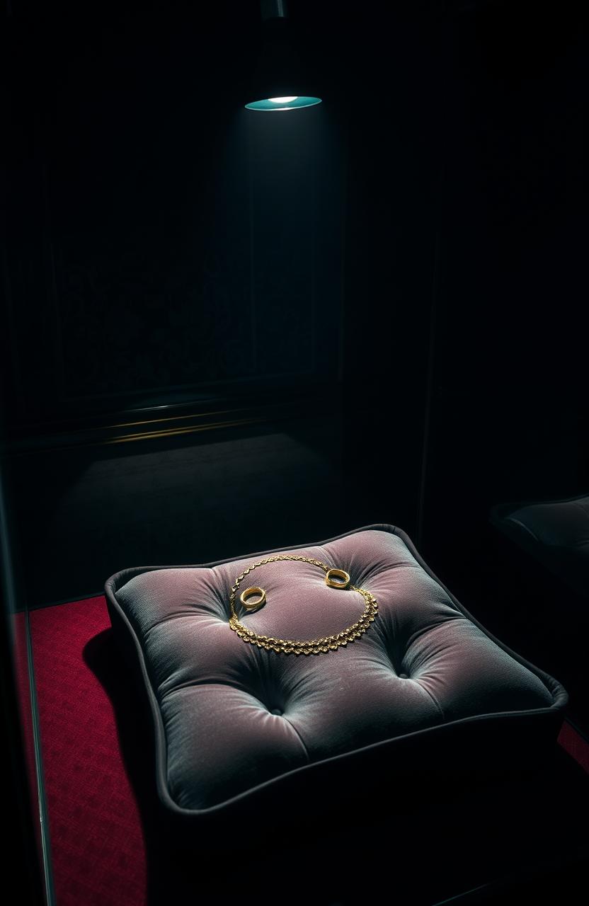 A dramatic scene depicting a jewelry thief's empty display case in a dimly lit room