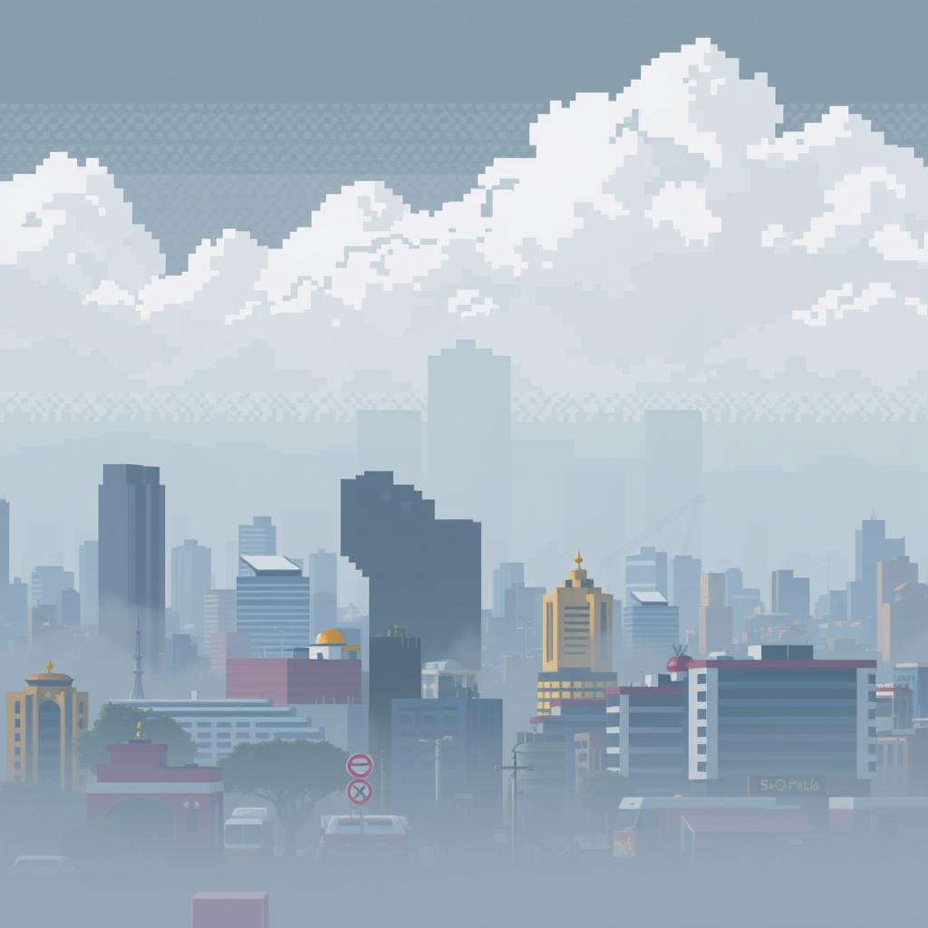 A pixel art representation of São Paulo, Brazil, characterized by thick air pollution