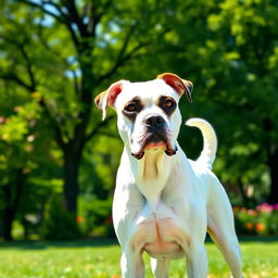 A beautiful white Boxer dog standing proudly in a sunny park